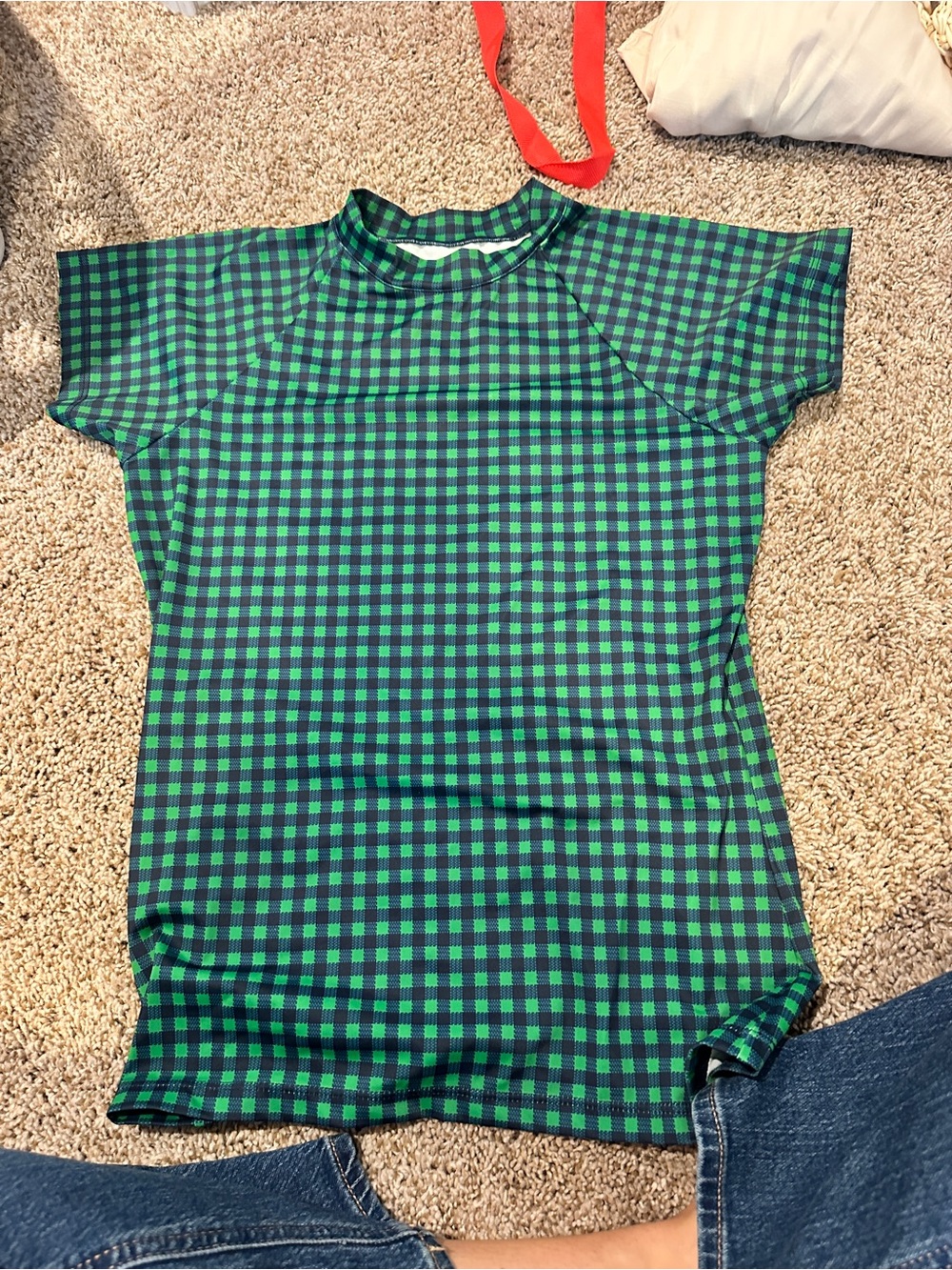 Womens Green and Navy Check Swim Top